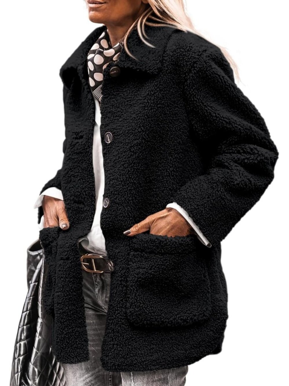 Women's Black Fleece Sherpa Coats Winter Outfit Warm Faux Fur Trendy Fall Jacket